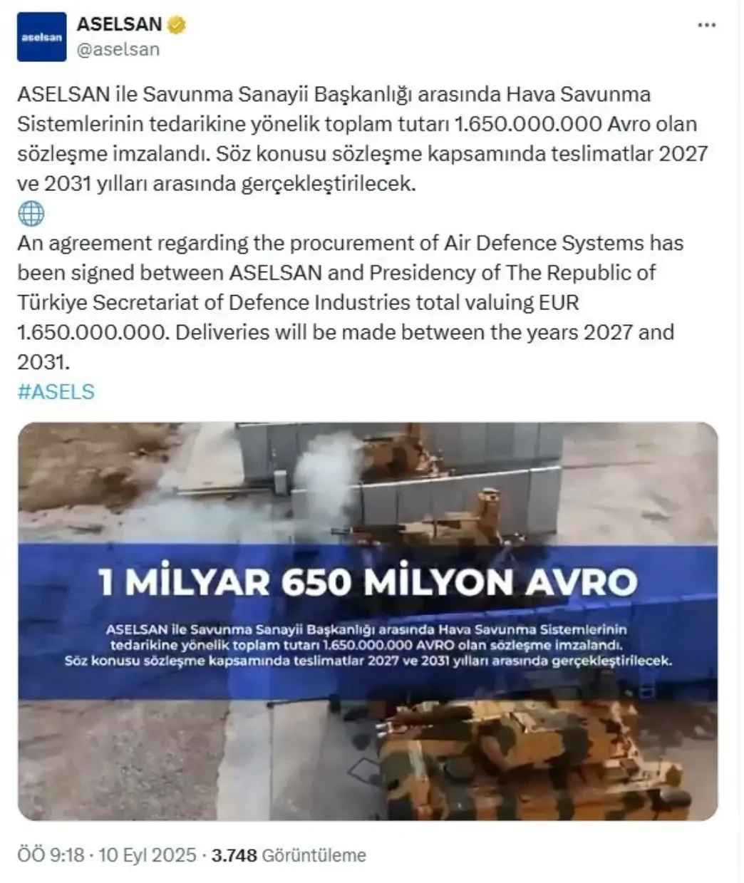 ASELSAN ve SSB Arasinda 165 Milyar Avroluk Hava Savunma Sozlesmesi