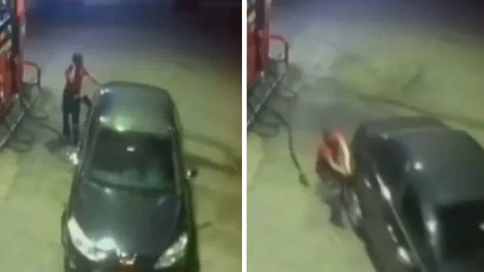 Benzin koydugu arac hareket etti elindeki firlatip araci tutmaya calisti