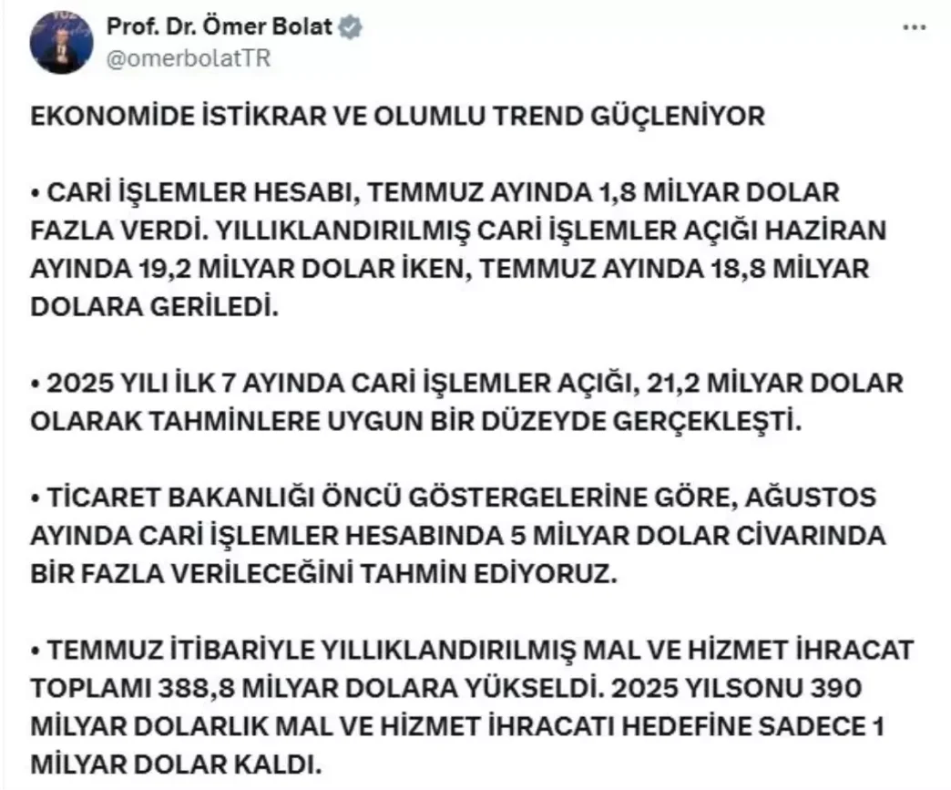 Cari Islemler Hesabinda Agustos Icin 5 Milyar Dolar Fazla Bekleniyor