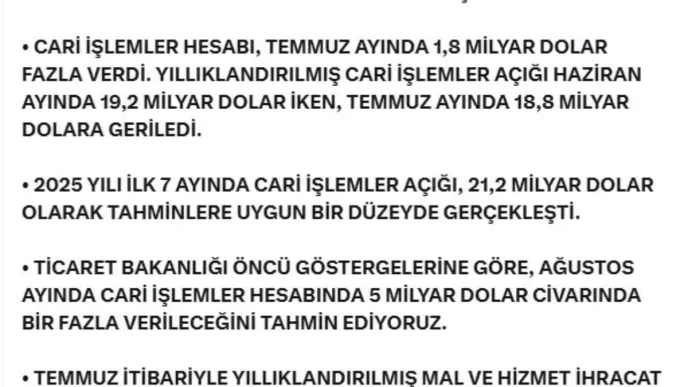 Cari Islemler Hesabinda Agustos Icin 5 Milyar Dolar Fazla Bekleniyor
