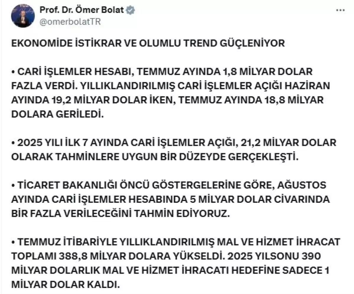 Cari Islemler Hesabinda Agustos Icin 5 Milyar Dolar Fazla Bekleniyor
