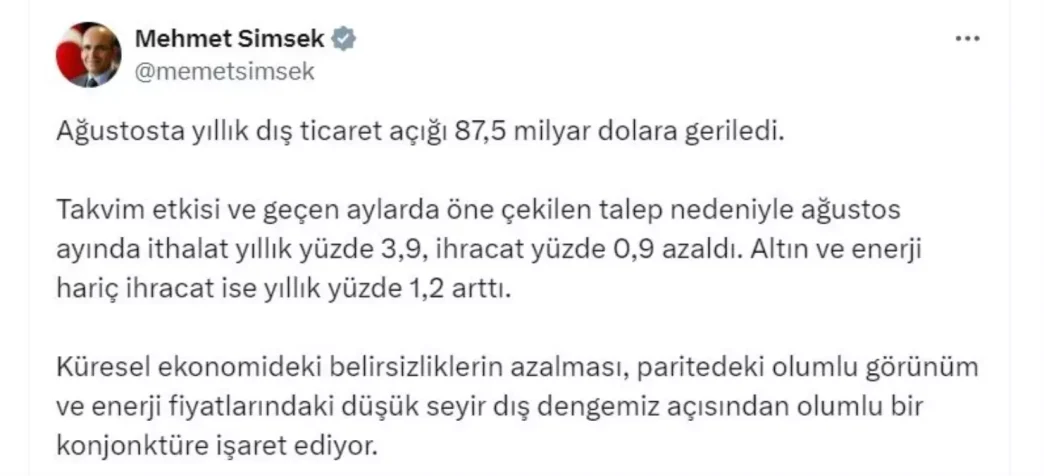 Dis Ticaret Acigi Agustosta 875 Milyar Dolara Dustu