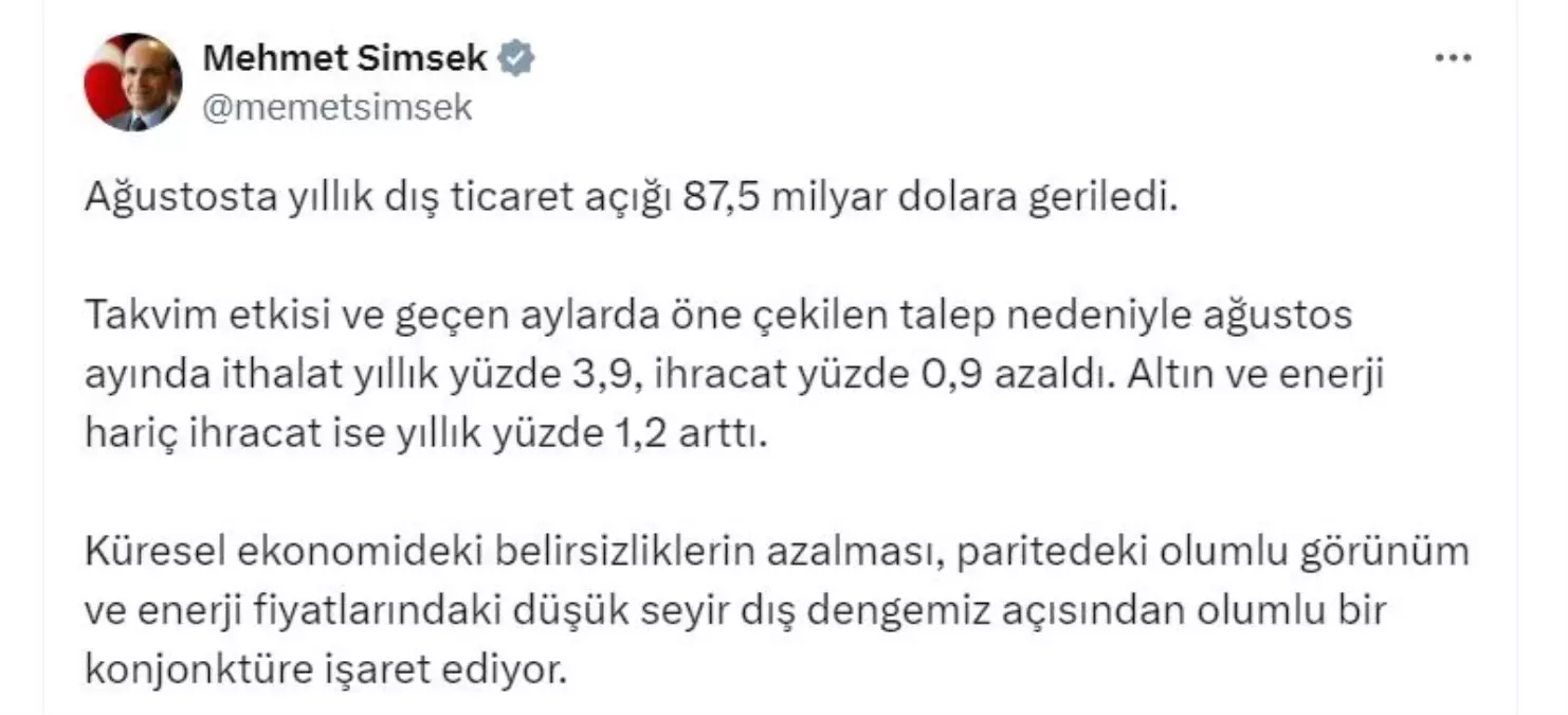 Dis Ticaret Acigi Agustosta 875 Milyar Dolara Dustu
