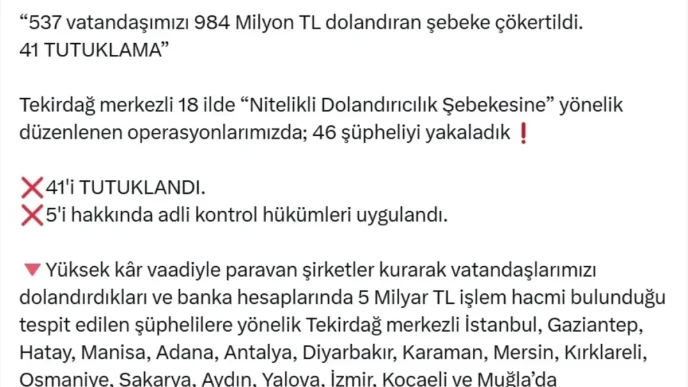Dolandiricilik Sebekesine Operasyon 46 Gozalti 41 Tutuklama