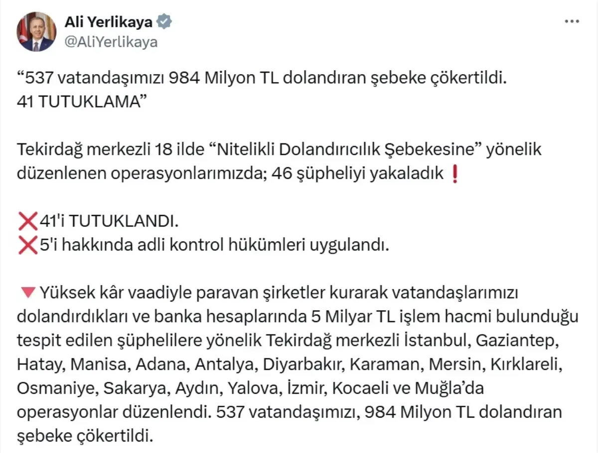 Dolandiricilik Sebekesine Operasyon 46 Gozalti 41 Tutuklama