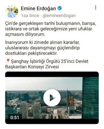 Emine Erdogandan Cinde katildiklari programlara iliskin video paylasimi Aciklamasi