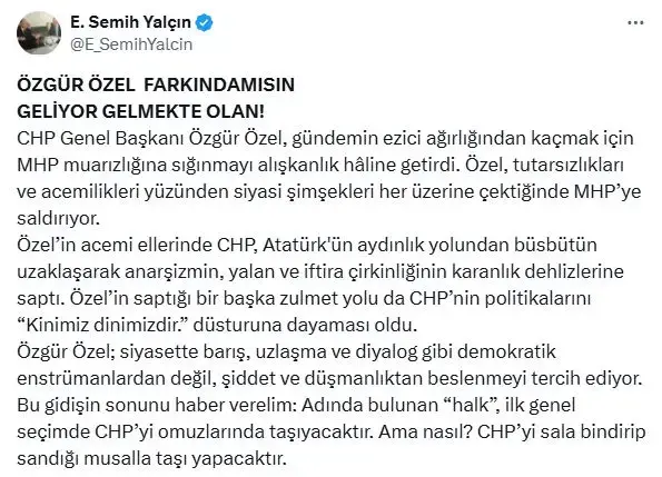 MHP'li Semih Yalçın'dan Özgür Özel'e 'Musalla taş'lı gönderme