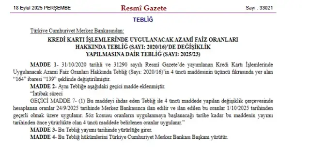 Merkez Bankası kredi kartı faiz oranlarını düşürdü