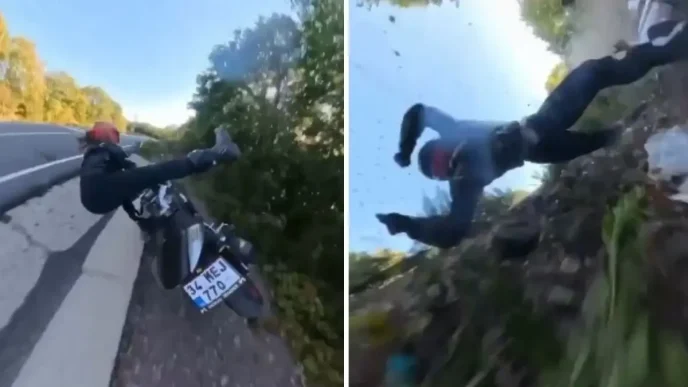 Motosikletli icerik ureticisini olumden dondu Feci kaza kameralara boyle yansidi
