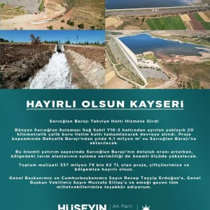 Sarioglan Baraji Takviye Hatti Hizmete Girdi