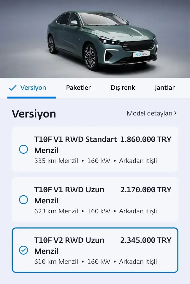 Togg T10F'in fiyatı belli oldu! 3 farklı donanım seçeneği var