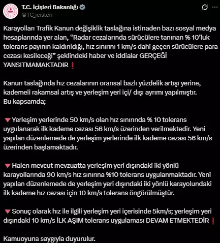 Hız sınırındaki yüzde 10 tolerans kalktı mı? İçişleri'nden açıklama var