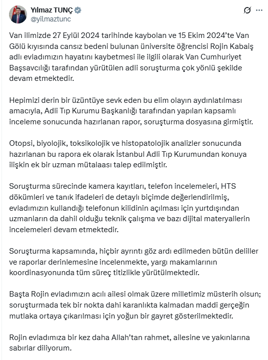 Adalet Bakanı Tunç'tan Rojin Kabaiş açıklaması: Adli Tıp'tan uzman mütaalası talep edildi