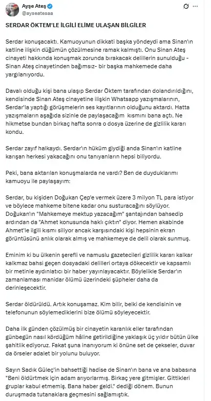 Ayşe Ateş'den yeni açıklama: Serdar konuşacaktı