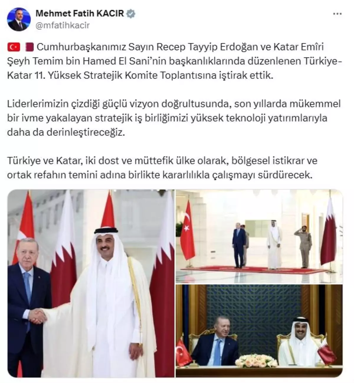 Bakan Kacir Turkiye ve Katar bolgesel istikrar ve ortak refahin
