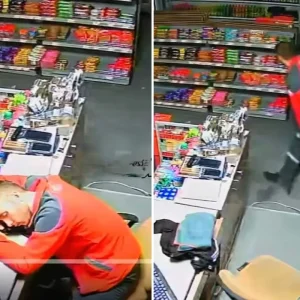 Benzin istasyonunda uyuyakalan calisanin goruntusu viral oldu