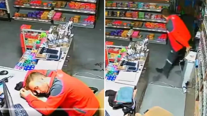 Benzin istasyonunda uyuyakalan calisanin goruntusu viral oldu