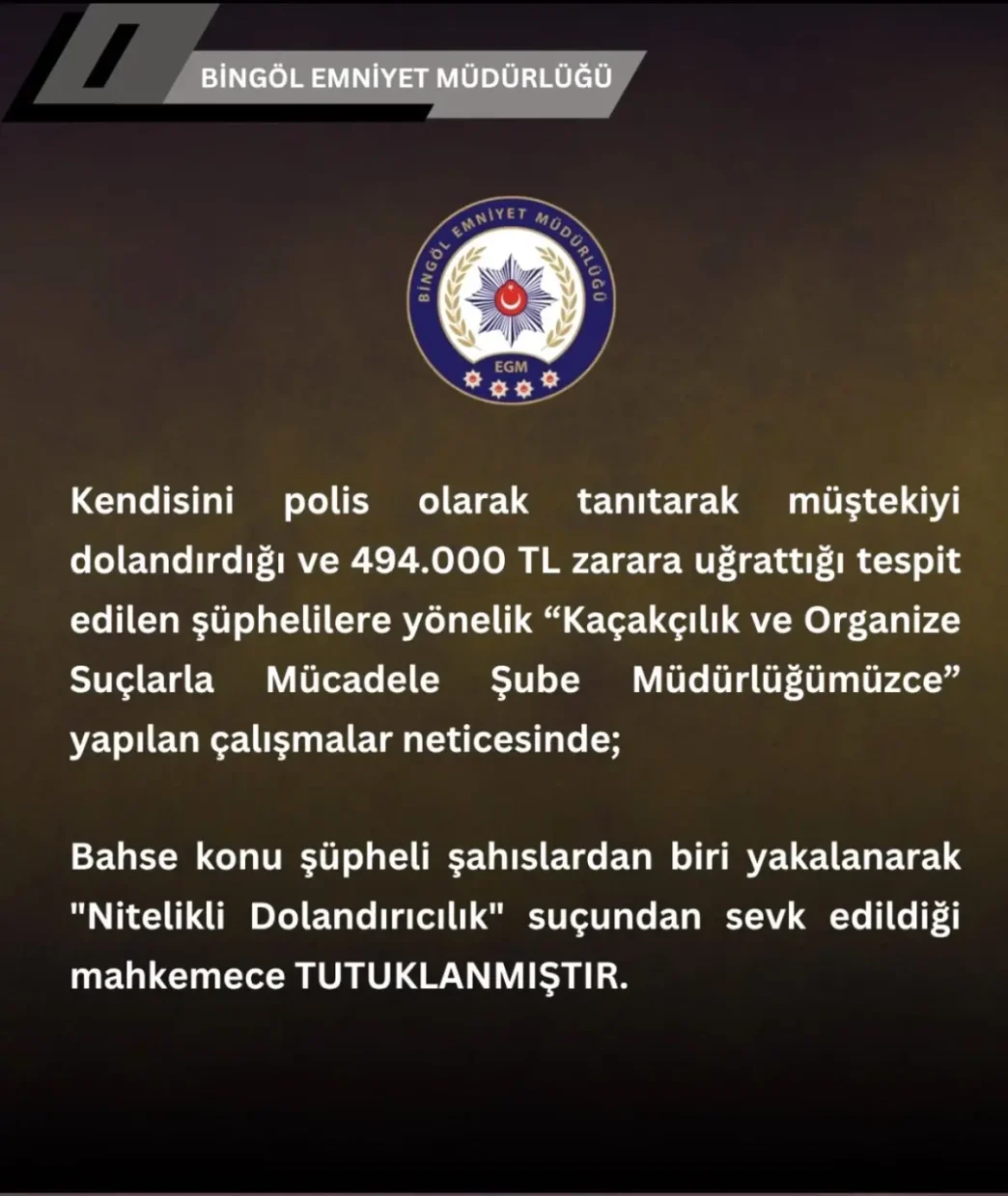 Bingolde Polis Kiliginda Dolandiricilik 494 Bin Lira Calindi