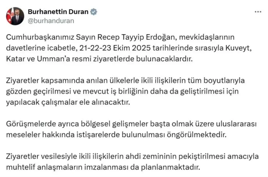 Cumhurbaskani Erdogan Kuveyt Katar ve Ummani ziyaret edecek