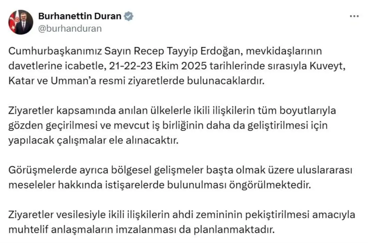Cumhurbaskani Erdogan Kuveyt Katar ve Ummani ziyaret edecek