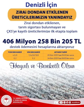Denizlide Zirai Dondan Etkilenen Ureticilere 406 Milyon TL Destek