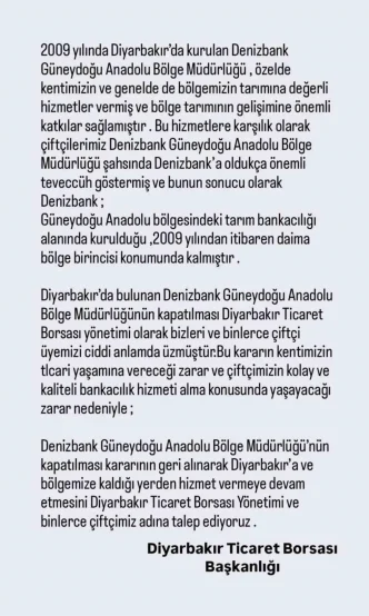 Diyarbakir Ticaret Borsasindan Denizbank Bolge Mudurlugu Kararina Tepki