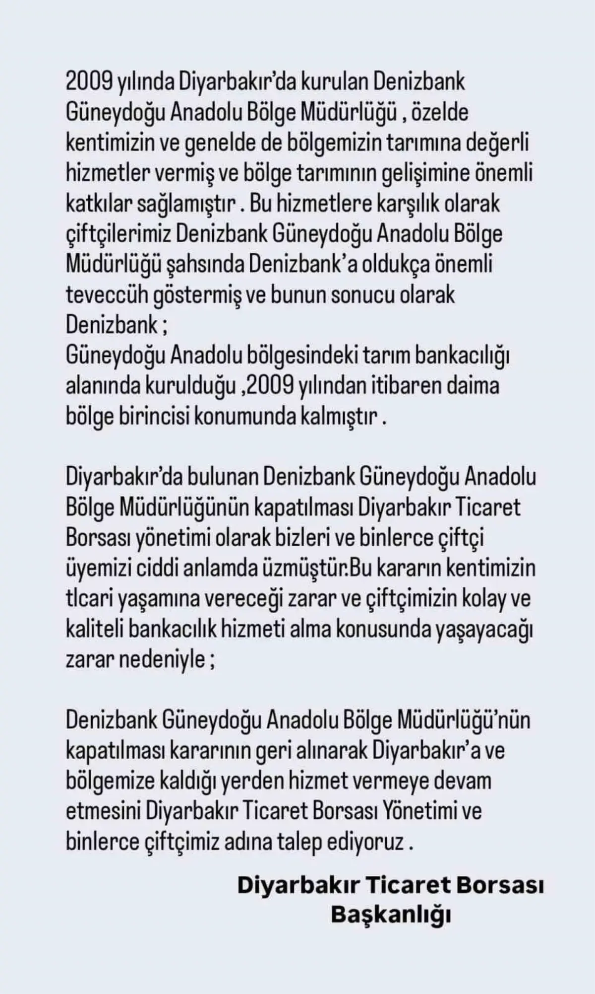 Diyarbakir Ticaret Borsasindan Denizbank Bolge Mudurlugu Kararina Tepki