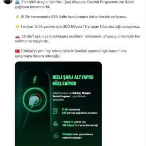 Elektrikli Araclar icin Hizli Sarj Altyapisi Destek Programinin Ikinci Cagrisi