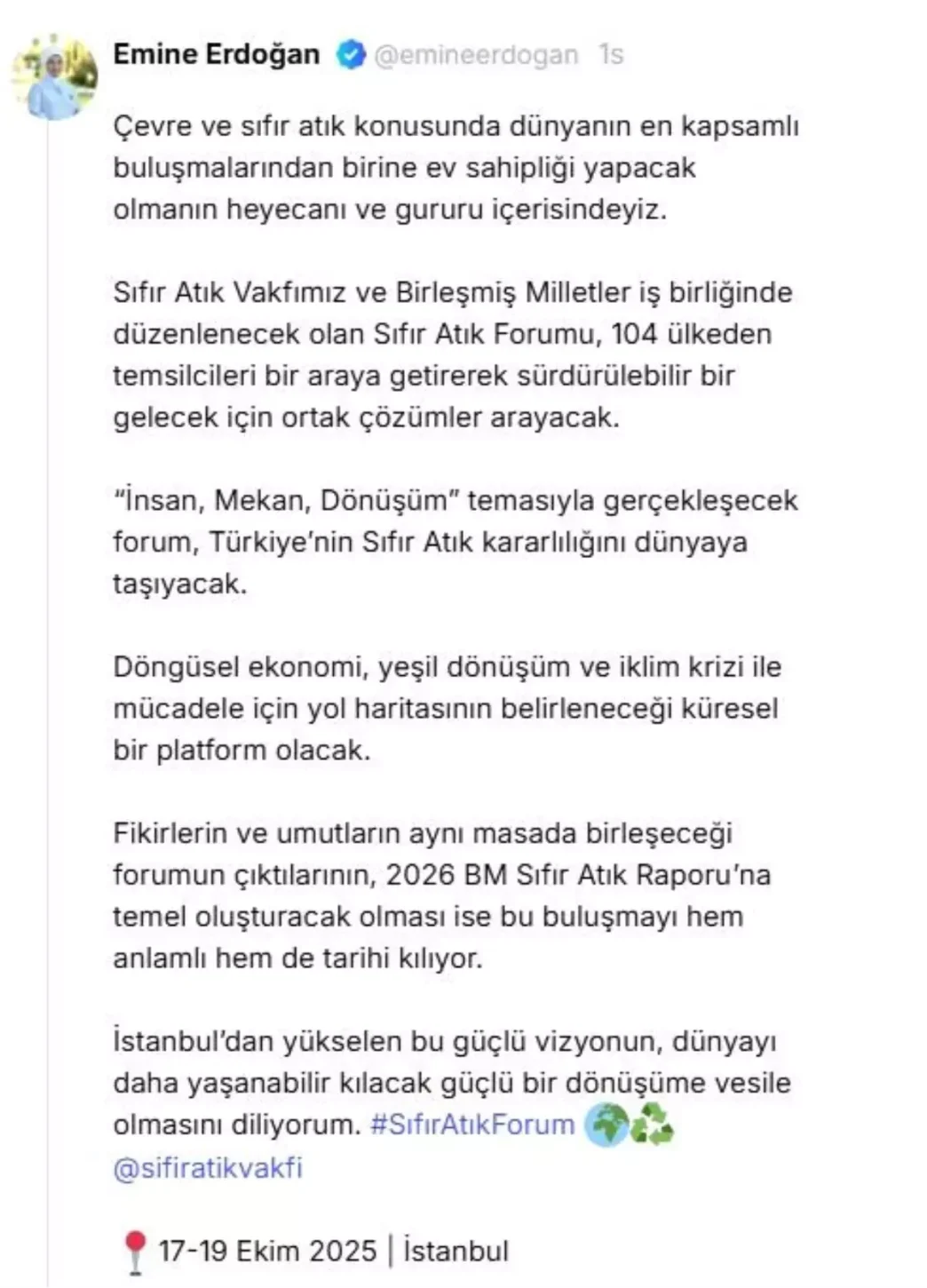 Emine Erdogandan Sifir Atik Forumu paylasimi Aciklamasi