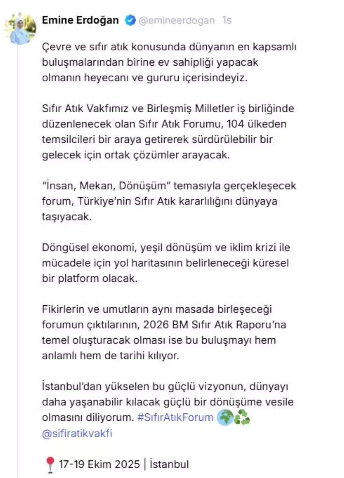 Emine Erdogandan Sifir Atik Forumu paylasimi Aciklamasi