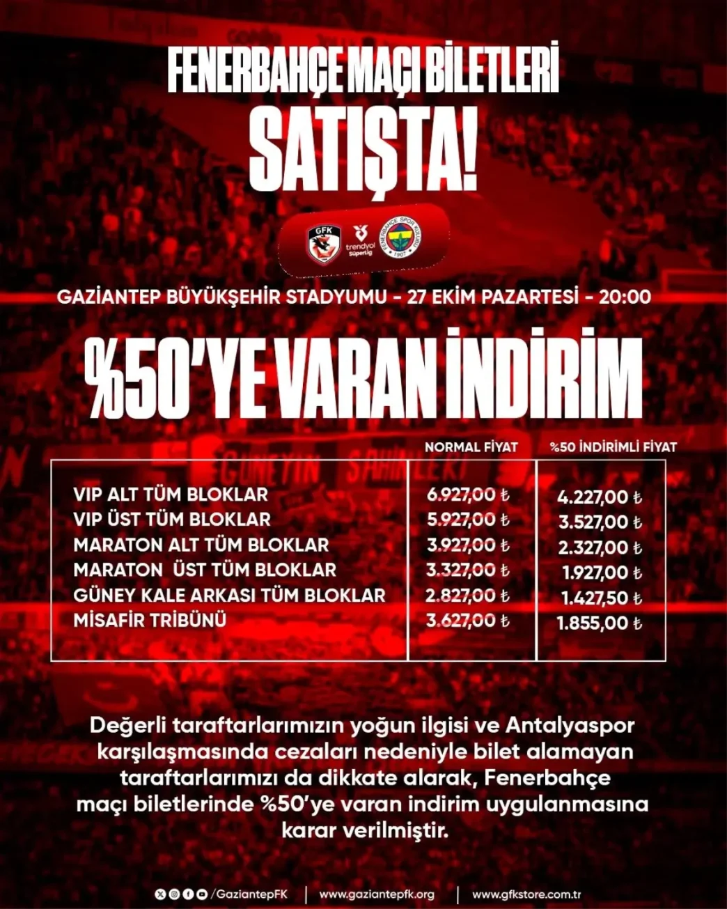 Gaziantep FKden Fenerbahce Maci icin Yuzde 50 Bilet Indirimi