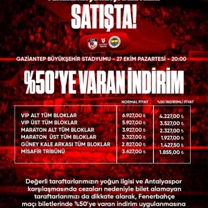Gaziantep FKden Fenerbahce Maci icin Yuzde 50 Bilet Indirimi