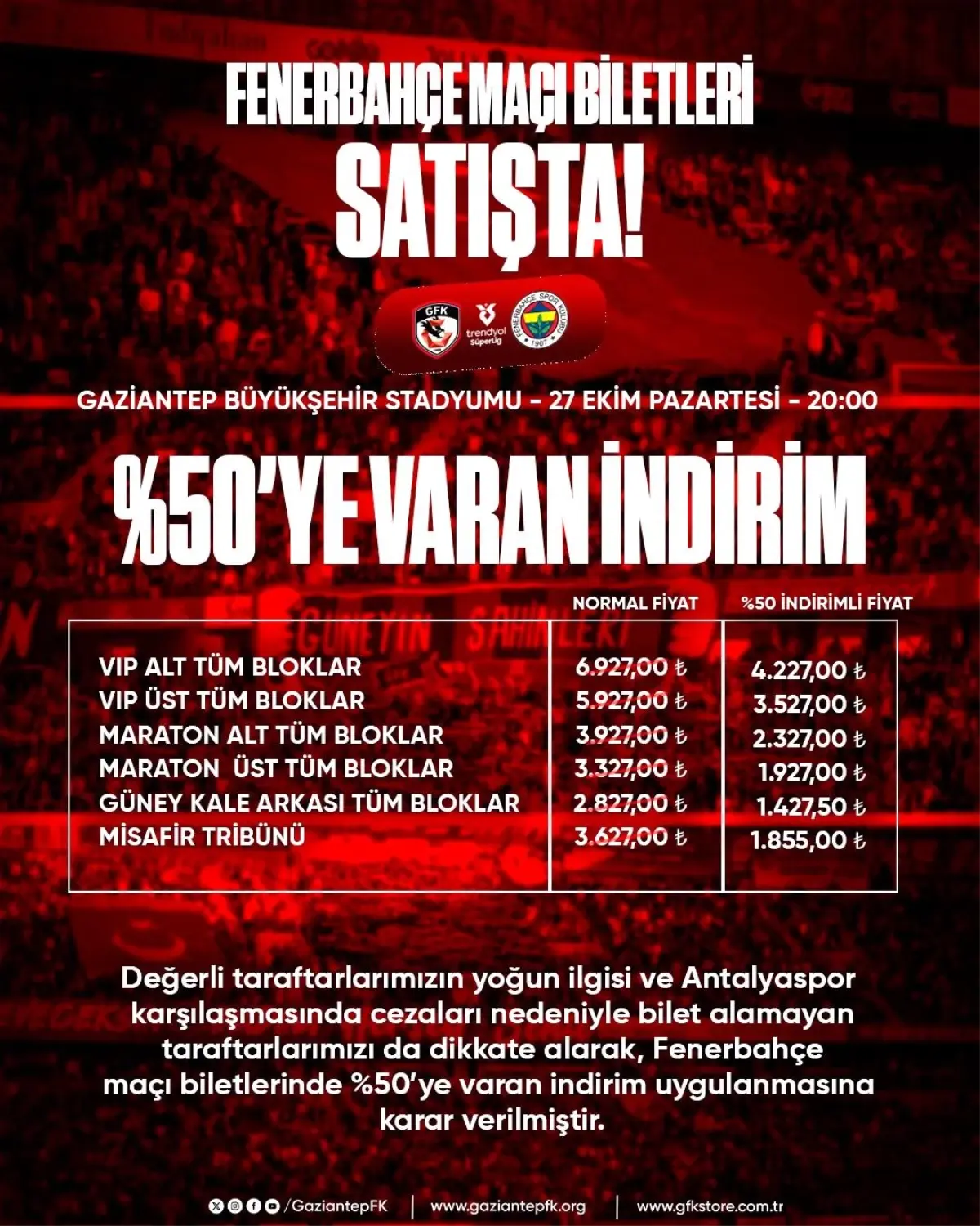 Gaziantep FKden Fenerbahce Maci icin Yuzde 50 Bilet Indirimi