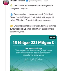 Tarim Bakani Yumaklidan Ureticilere 132 Milyar TL Destek