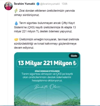 Tarim Bakani Yumaklidan Ureticilere 132 Milyar TL Destek
