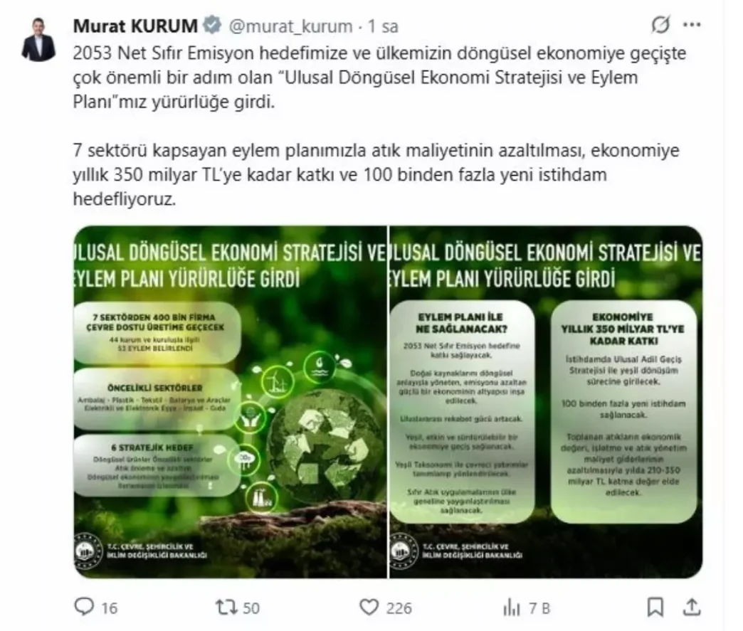 Ulusal Dongusel Ekonomi Stratejisi ve Eylem Plani yururluge girdi
