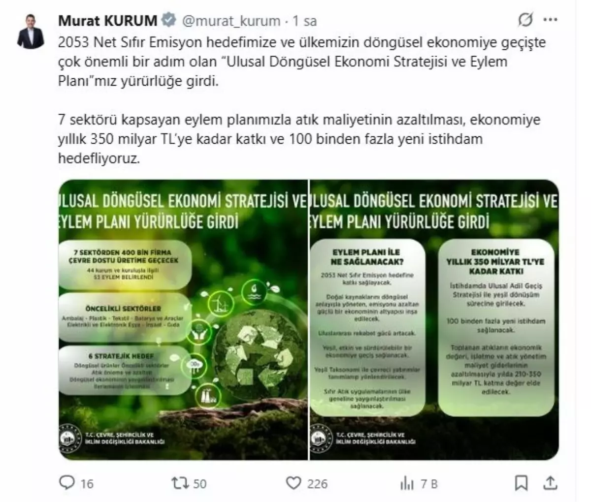 Ulusal Dongusel Ekonomi Stratejisi ve Eylem Plani yururluge girdi